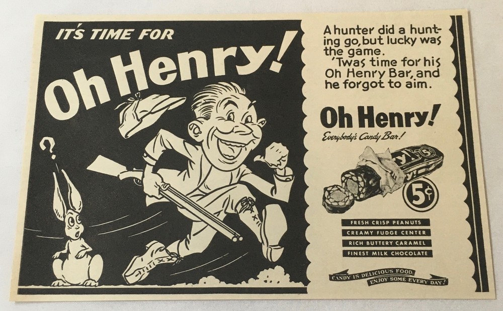 1939 OH HENRY candy cartoon ad ~ RABBIT HUNTER