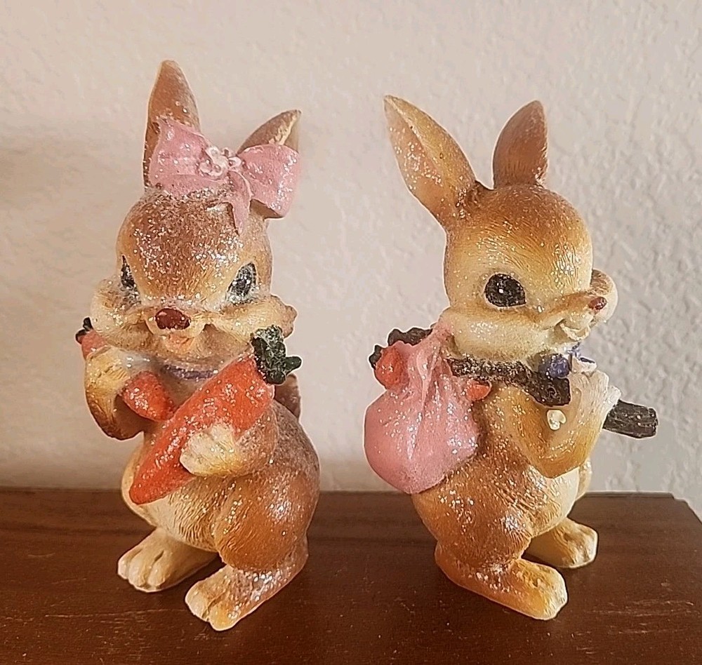 Set of 2 Easter Bunny Rabbit Figurines Glitter Spring Decor 6"