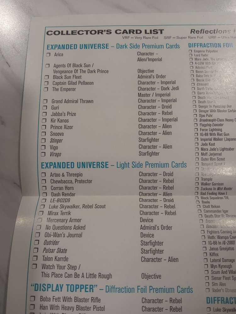 Star Wars CCG Reflections II Complete No Foils Includes Checklist