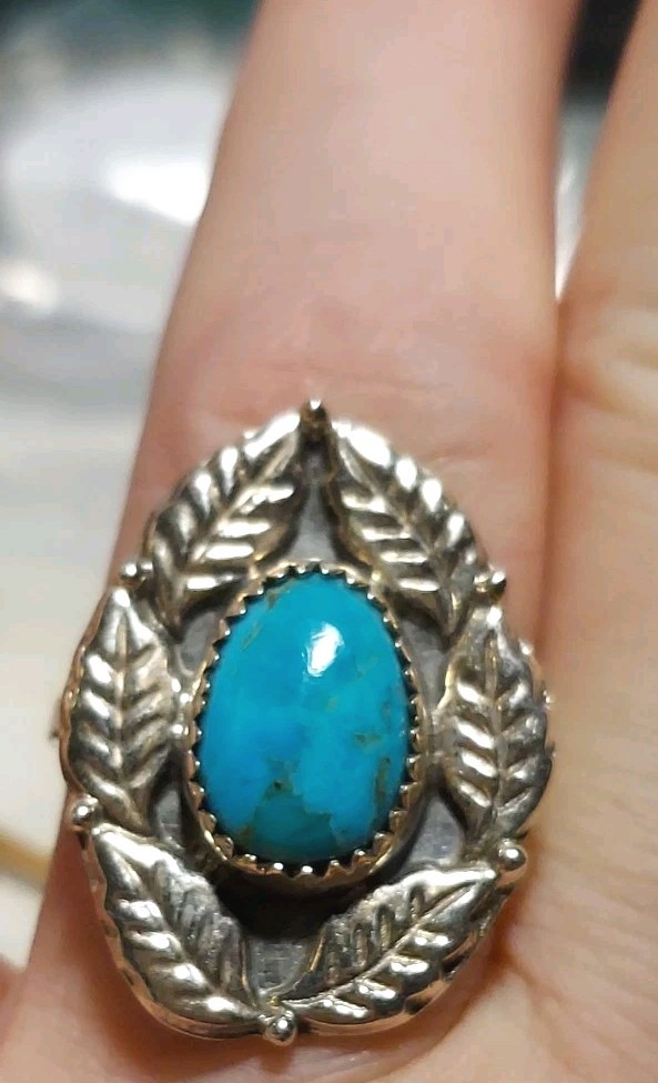 New Sterling Silver & Kingman Turquoise Adjustable Ring with Leaf Design