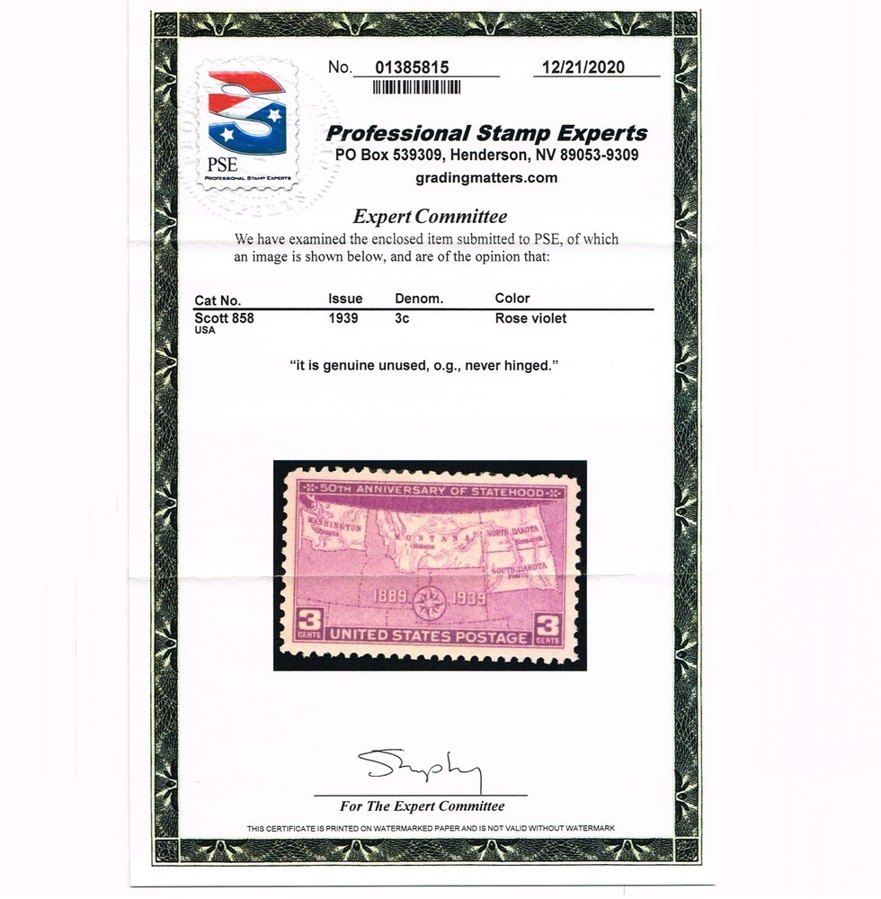 EXCEPTIONAL GENUINE SCOTT #858 XF-SUPERB MINT PRISTINE OG NH PSE CERT #20763