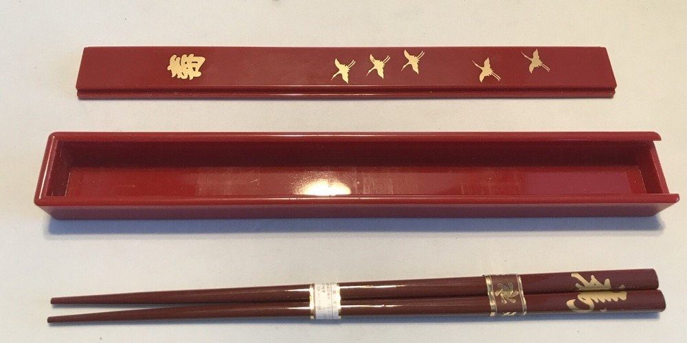 Red Japanese Chopsticks In Red Plastic Container W/Cranes & Longevity Logo