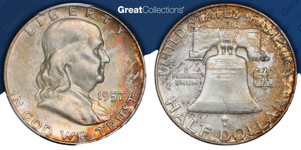 1957 D Franklin Half Dollar Pcgs ms 65 Beautiful toning