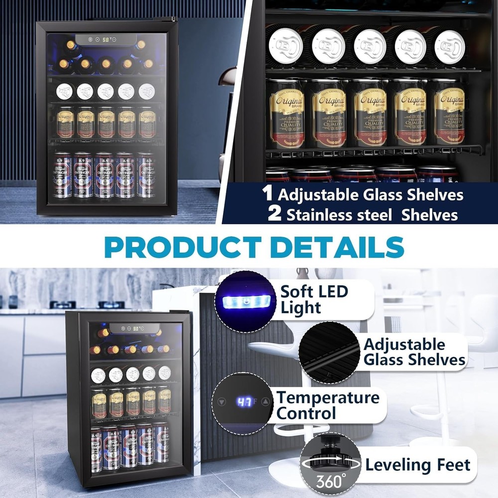 High-Performance 95 Can Beverage Refrigerator with LED Display - Compact Design