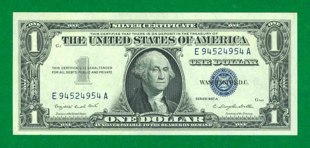 $1 1957-A 1 E/A BLOCK BLUE SEAL SILVER CERTIFICATE CU.