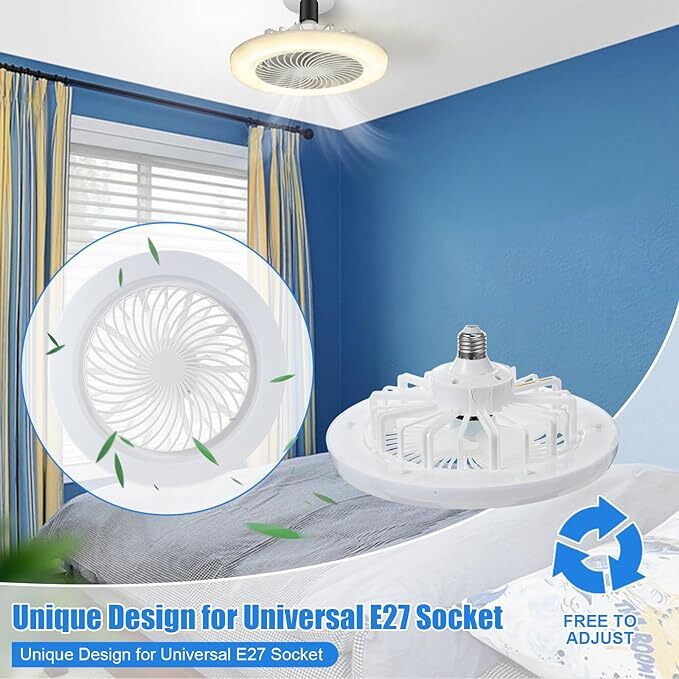E27 Socket Light With Remote, Ceiling Fan Adjustable Smart LED Fan 3 Windshields