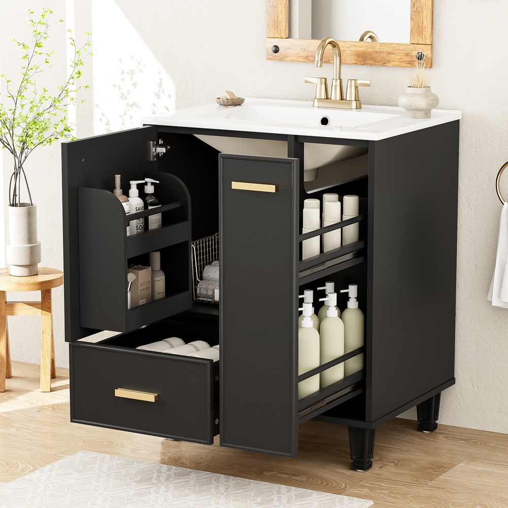 Bathroom Vanity with Ceramic Sink Solid Wood Frame Storage Cabinet Deep Drawer