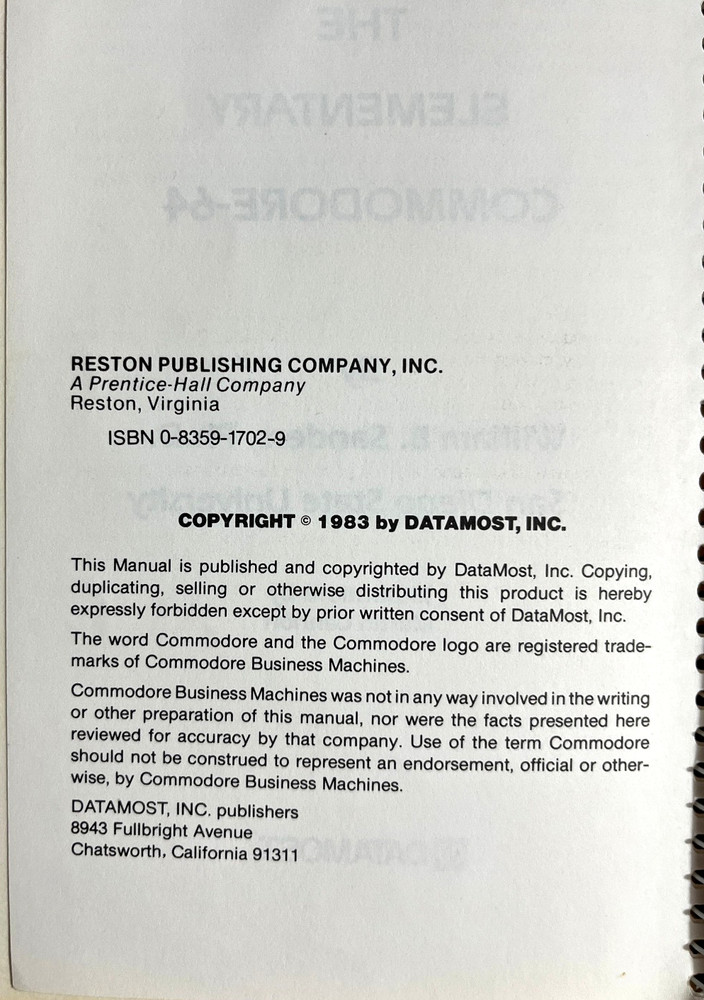 The Elementary Commodore 64 by W.G. Sanders-Commodore Computer OS- DATAMOST 1983