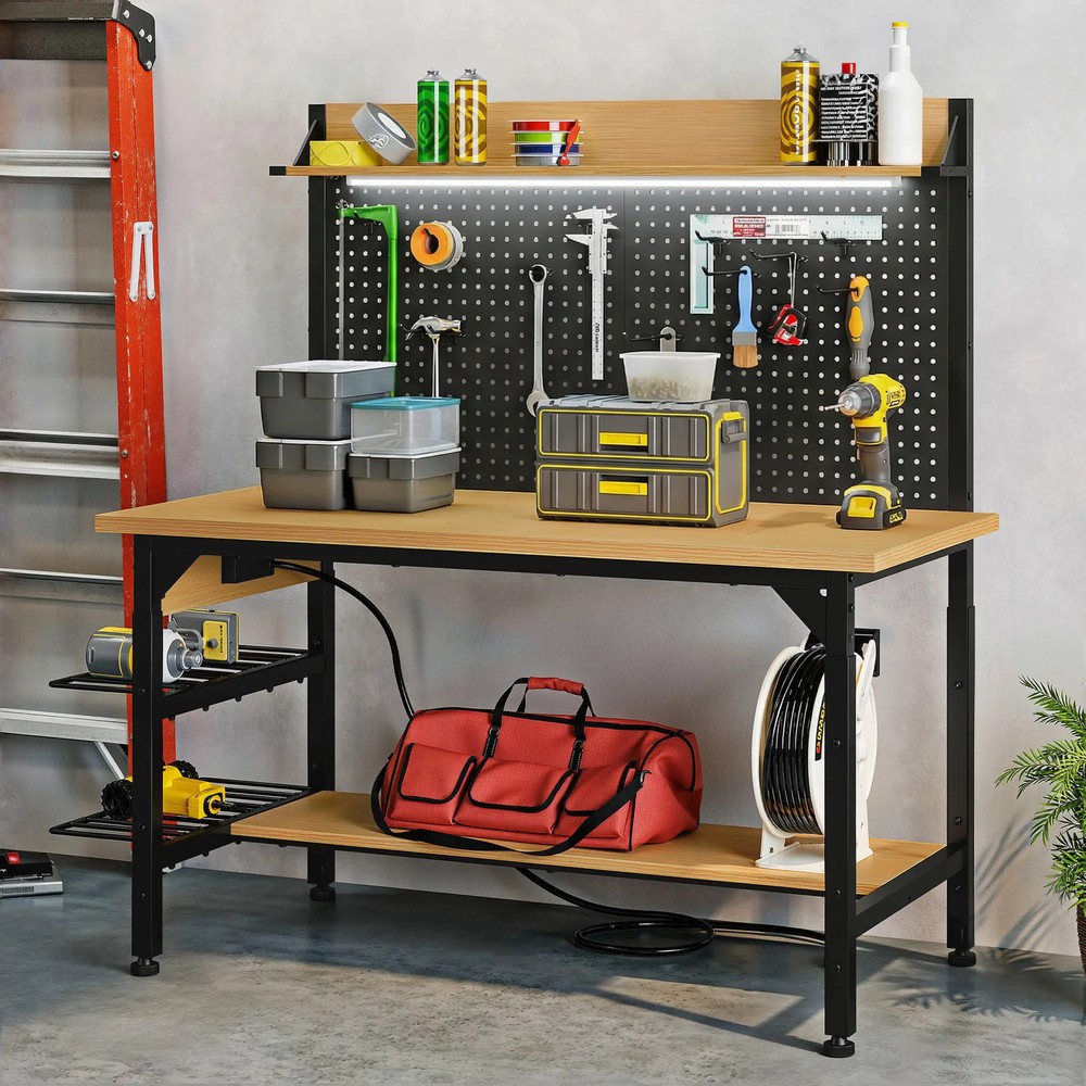 47.2"/59"x31" Adjustable Height Workbench with Pegboard and Storage Shelf