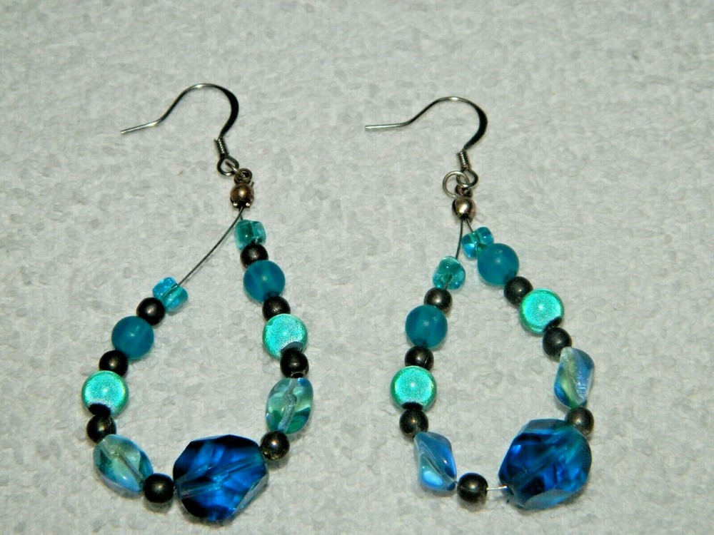 Multi-tone Blue Bead Dangling Drop Loop Pierced Earrings