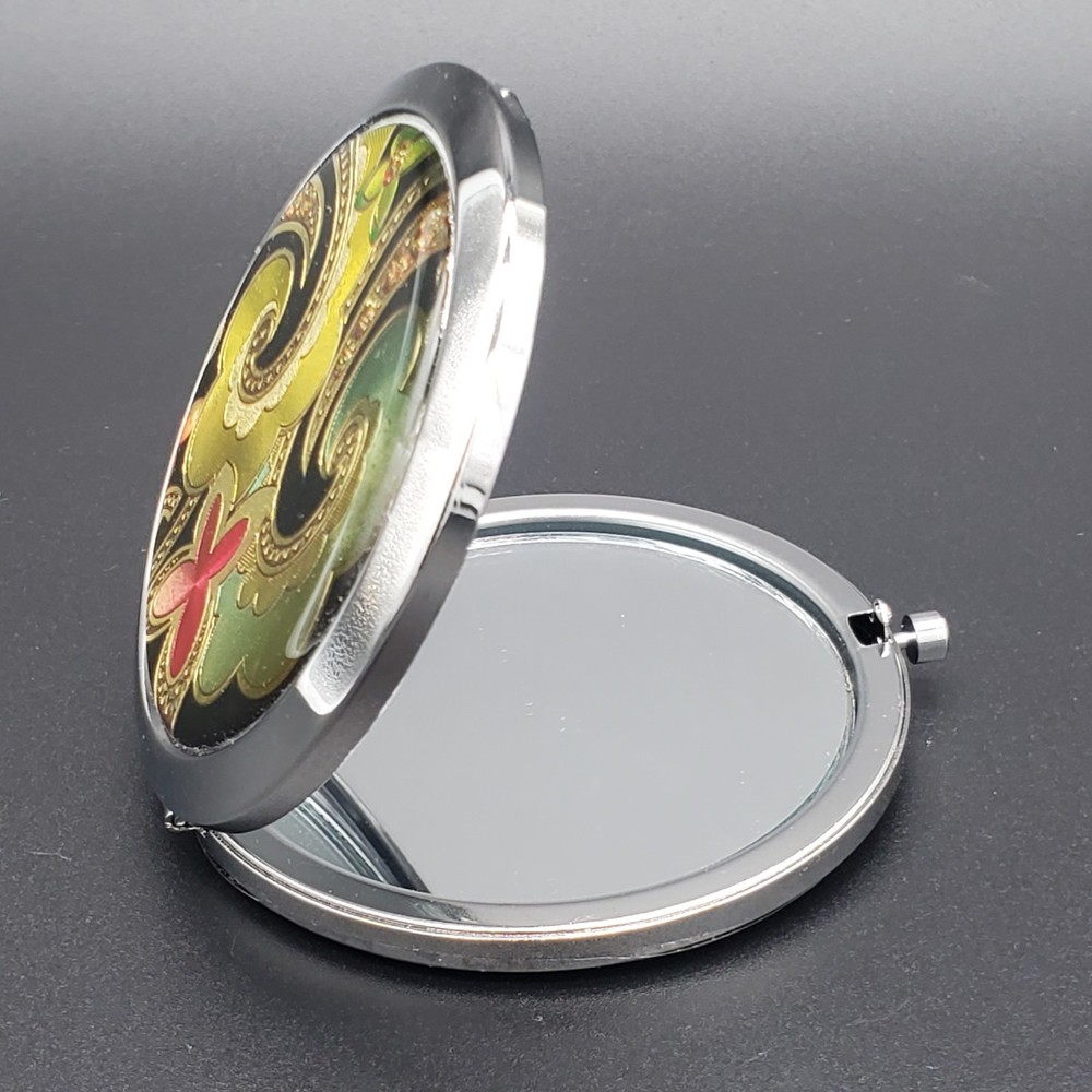 Foiled Decorated Silvertoned Double Mirrored Compact New