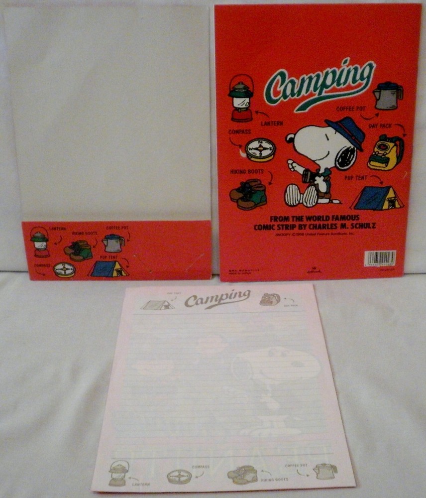 Hallmark Peanuts Camping Lined Stationery Booklet + Extra Sheets & Holder