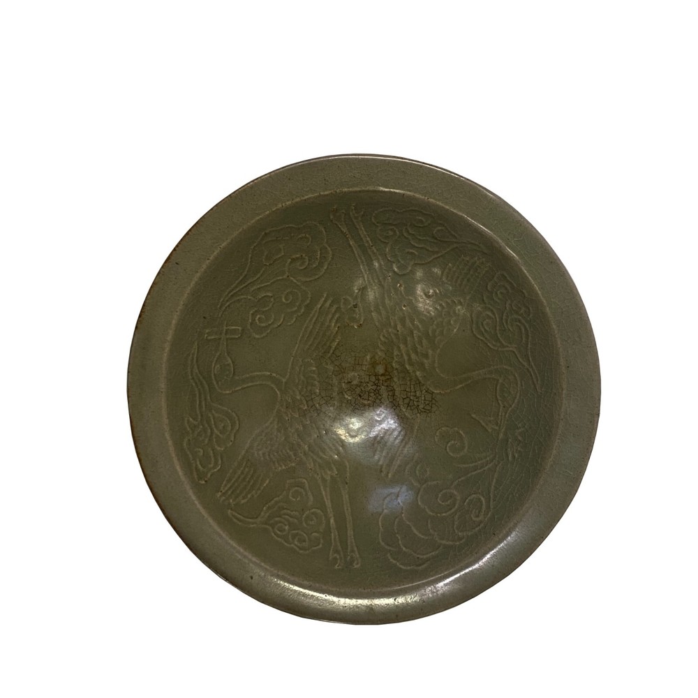 Chinese Ding Ware Celadon Glaze Pattern Ceramic Bowl Cup Display ws3247