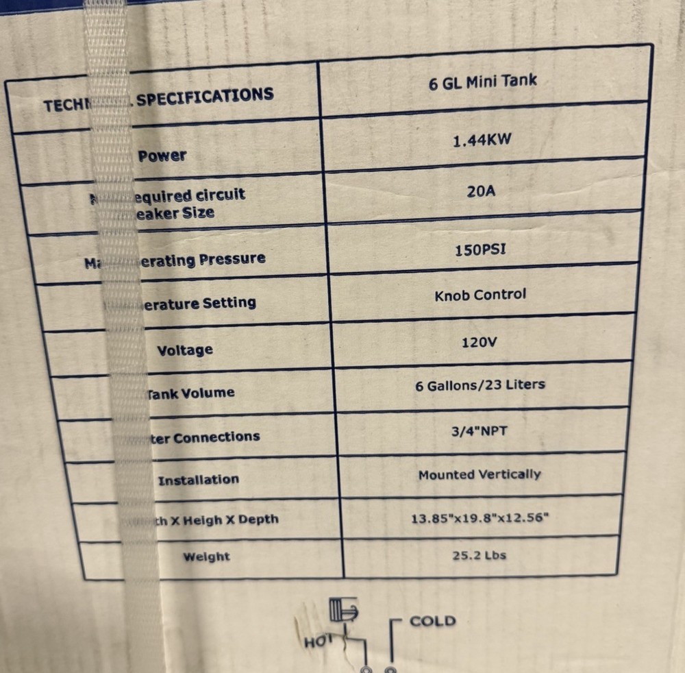 MAREY TANK23L 6 Gallon Regular 1440 Watt 1 Element Use Electric Water Heater