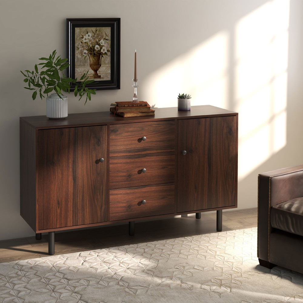 HOMCOM Kitchen Sideboard with 2 Cabinets 3 Drawers Buffet Table, Brown