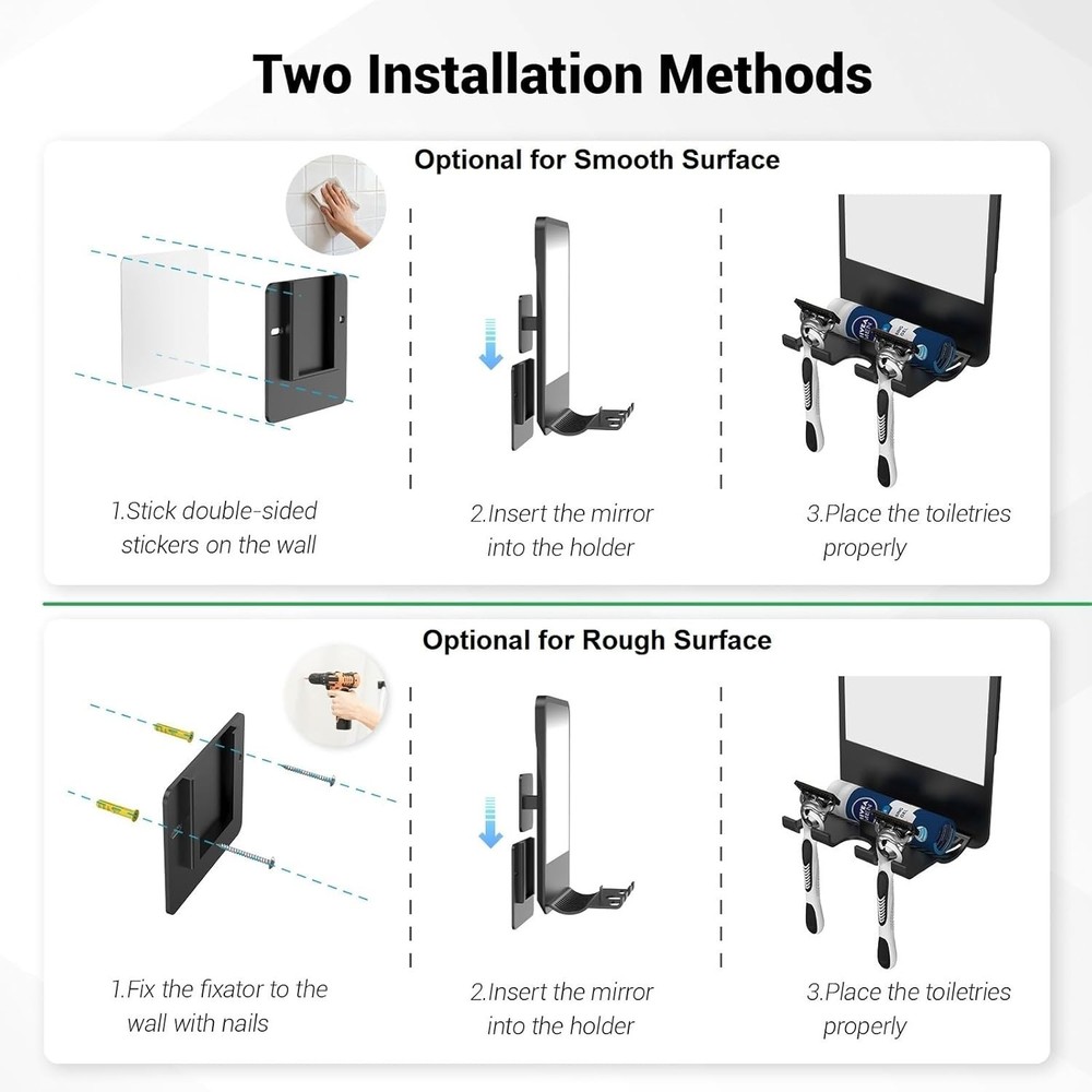 Fogless Shower Mirror for Shaving with Storage Adjustable Angle Wall Mount Black