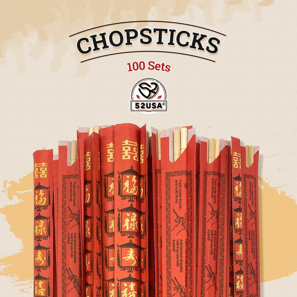Disposable Bamboo Chopsticks (100 Sets) - 9'' Long, UV Treated, Individually Wra