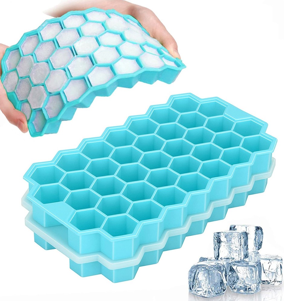 Ice Cube Trays with Lid, 2 Pack Silicone Ice Cube Trays with Lid-37 Grid, Eas...