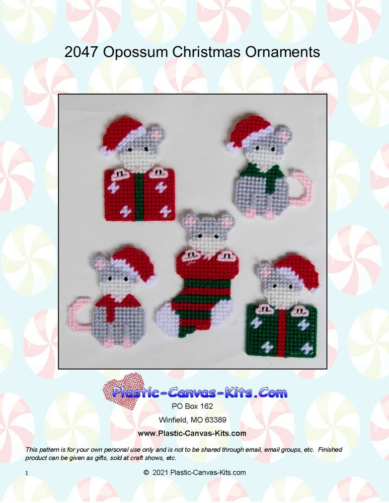 Opossum Christmas Ornaments- Plastic Canvas Pattern or Kit