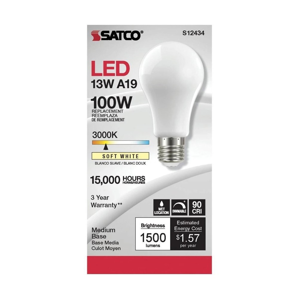 Satco S12434 - 13.5 Watt A19 Soft White LED Bulbs - 3000K - 120 Volt (6 pack)