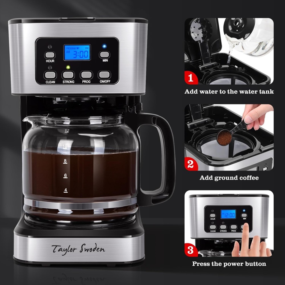 Taylor Swoden 12-Cup Programmable Coffee Maker, Regular & Strong Brew Black