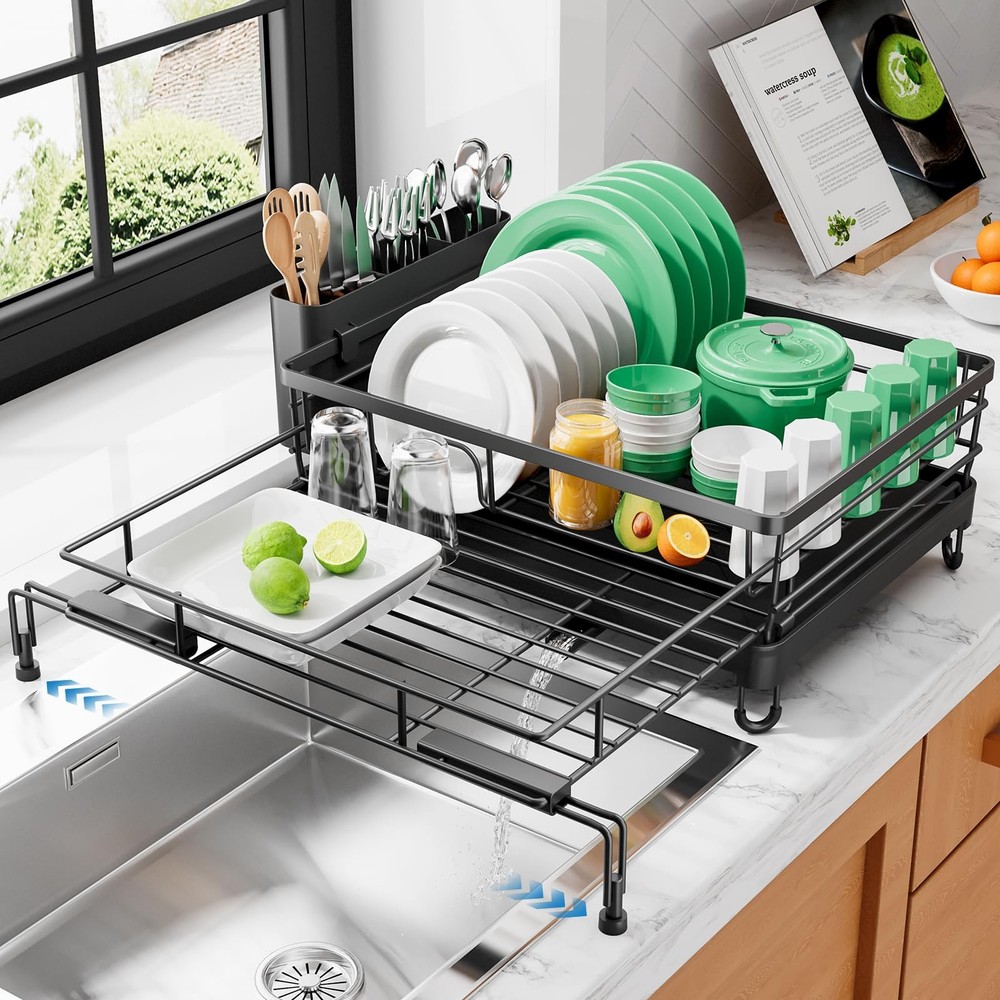 Extendable Dish Drying Rack Rust Resistant Adjustable Legs Cutlery Black