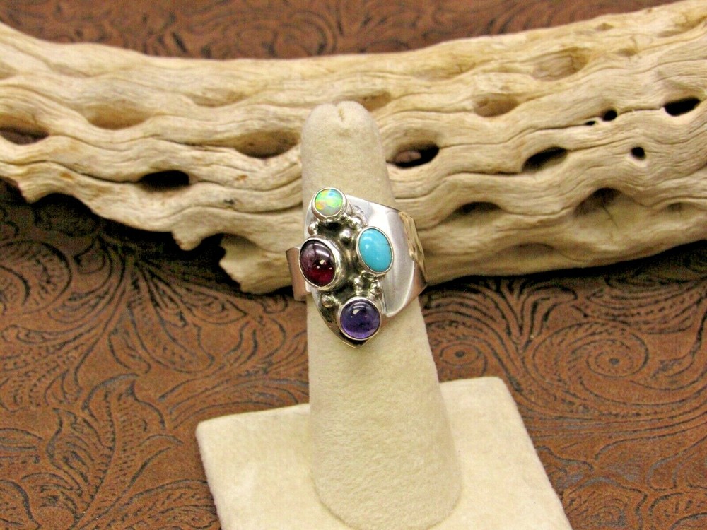 *Adjustable Sterling Silver Multi Stone Ring Size 7