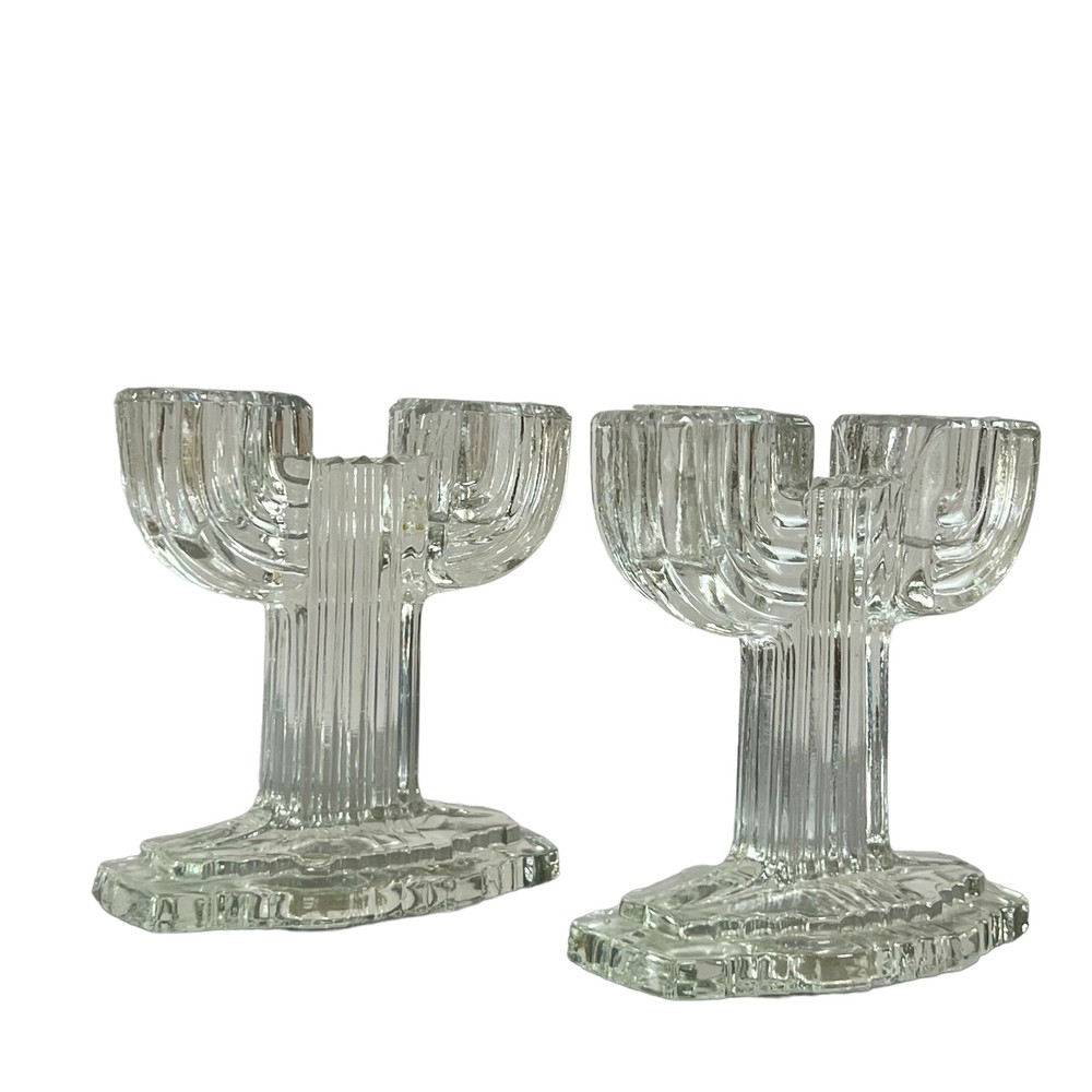 Retro Glass Candlestick Holders Pair