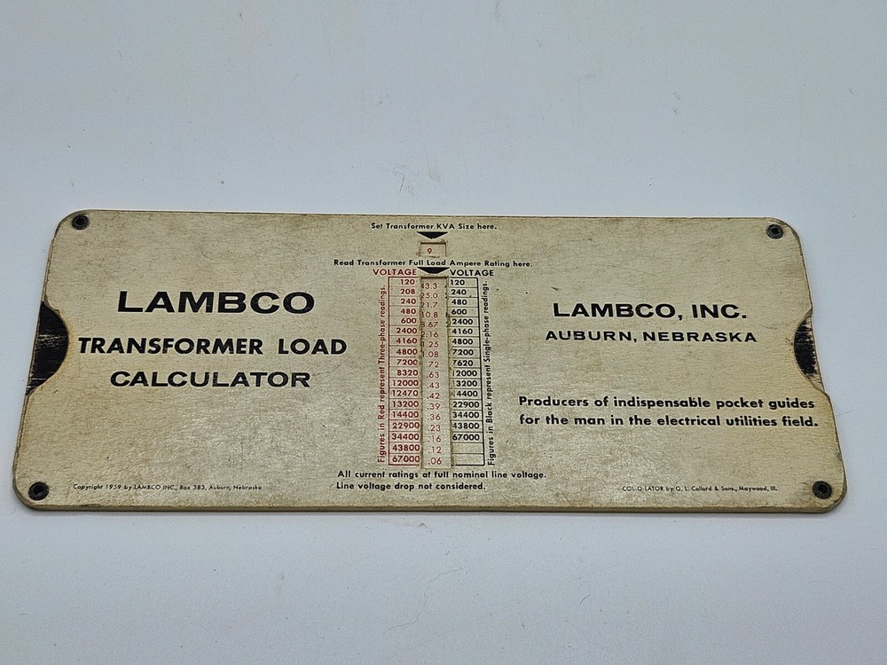 1959 Lambco Transformer Load Data Guide Calculator Slide Rule