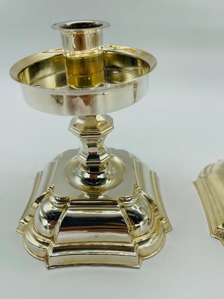 Pair Danish Denmark Silver Plated Candlesticks & Tray