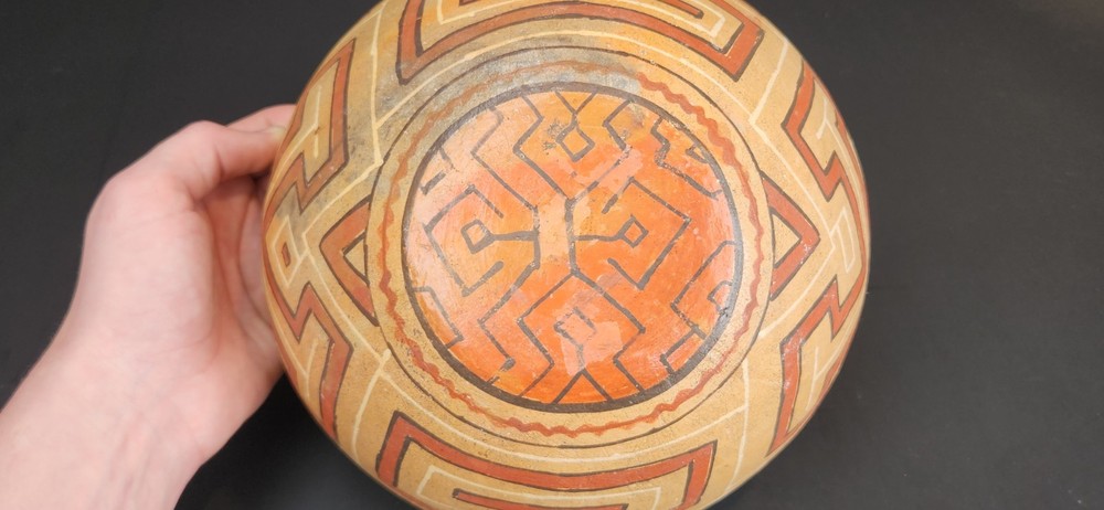 Vintage Peru Shipibo-Conibo Polychrome Earthenware Pottery Rattle Bowl 9.5"