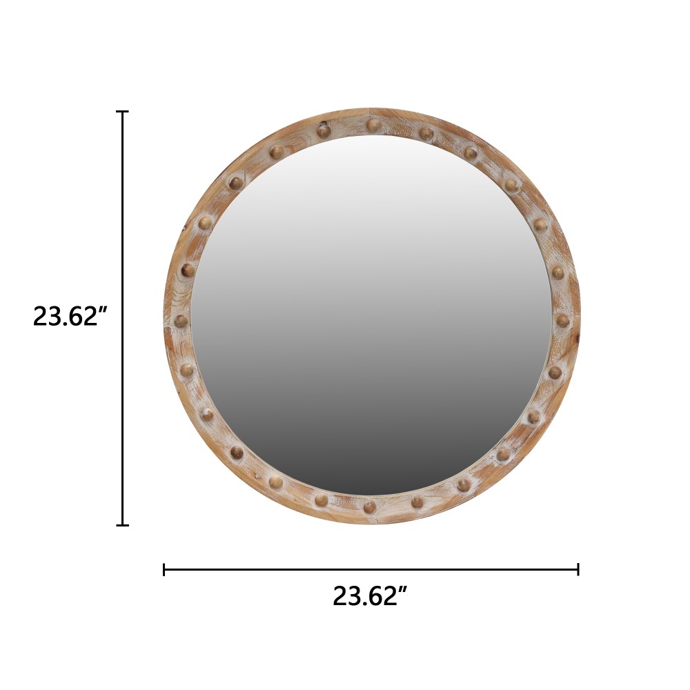 Rustic Round Wall Mirror 24" Distressed Wood Frame w/ Rivets Decor