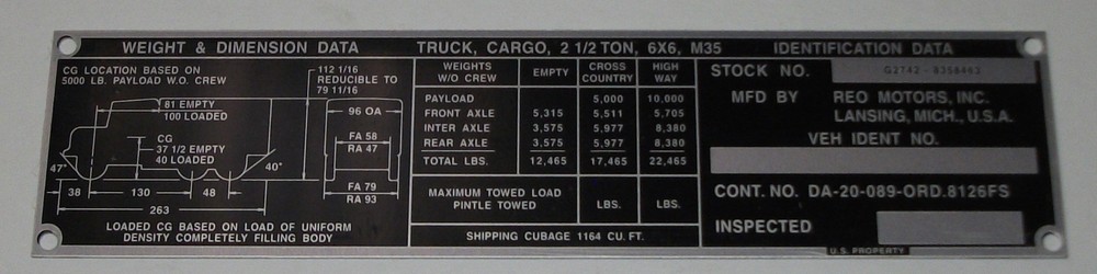 M35 Data Plate Serial Number Identification Reo 7368729