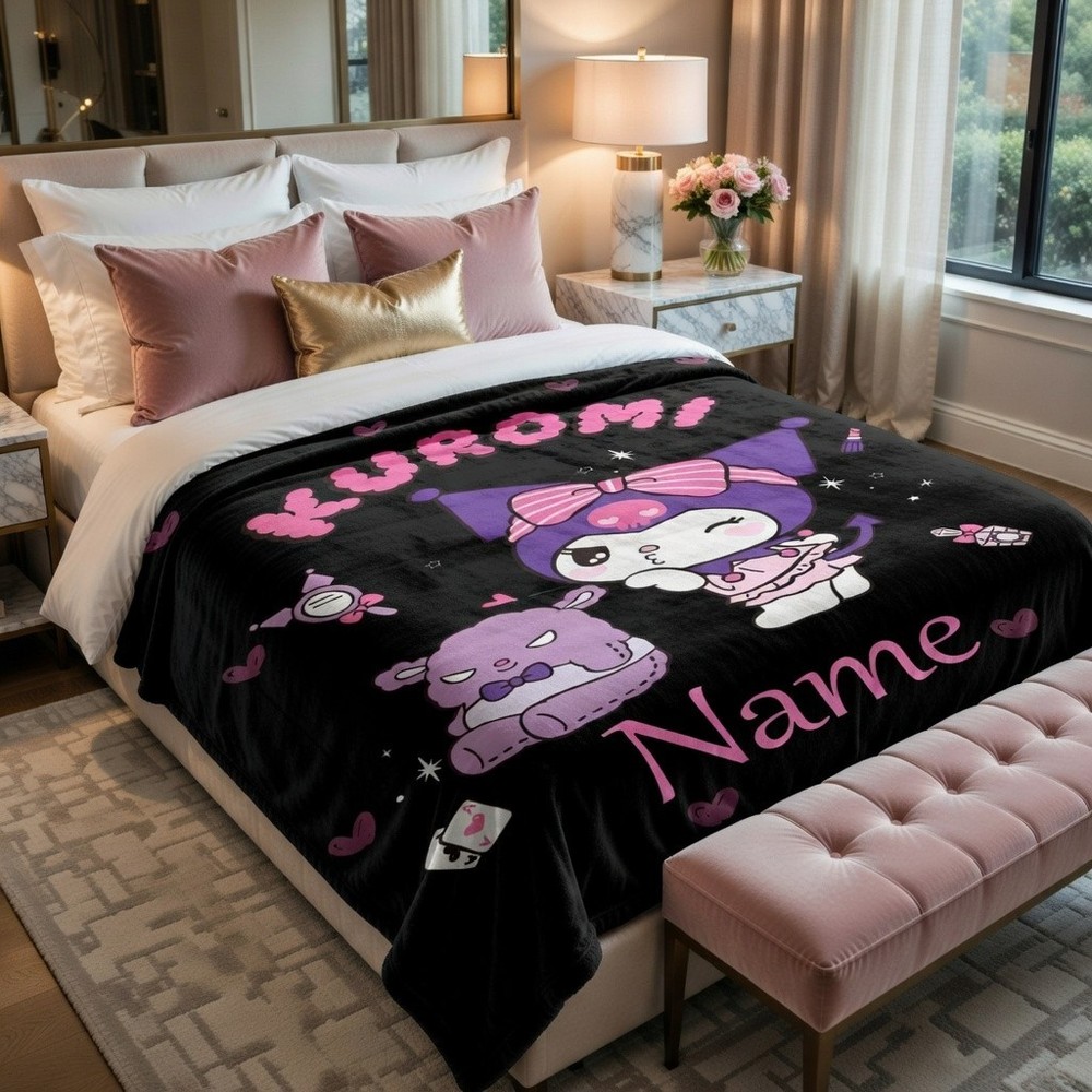 Personalized Cute Gothic Cartoon Flannel Blanket Custom Name Gift Throw