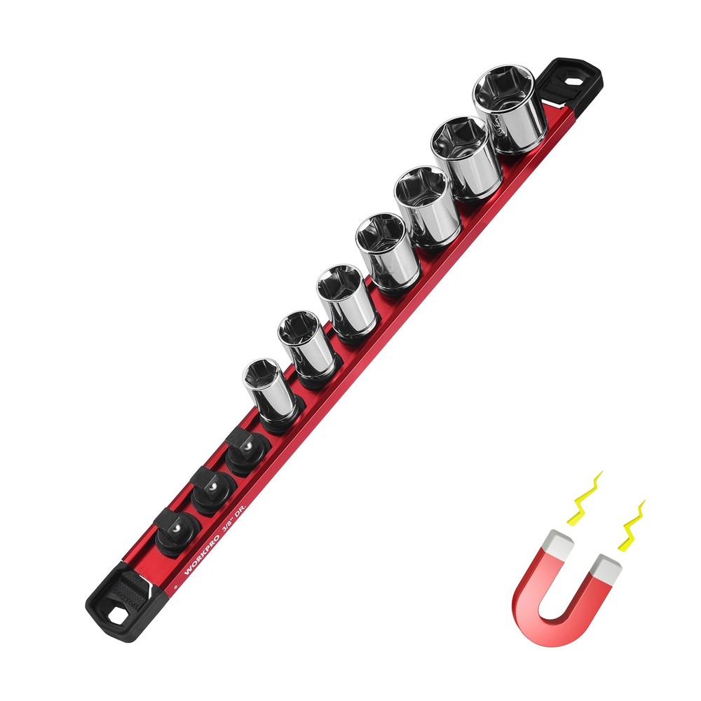 WORKPRO 3/8" Drive Magnetic Socket Organizer with 10Pcs Removable Socket Clips