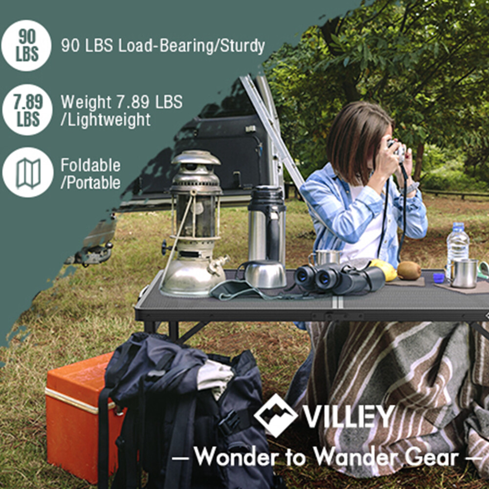 VILLEY Portable Camping Table 3 ft Grill Folding Table Lightweight Camping Table