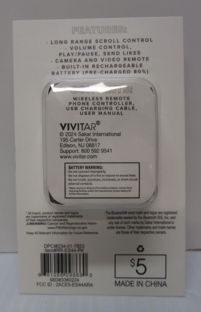 Vivitar Pink/White, Wireless Remote Phone Controller Bluetooth Brand New! S39