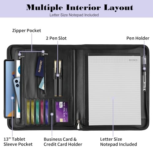 Leather Padfolio Portfolio Binder Organizer, with 25 Pages Notepad & 13" Tablet