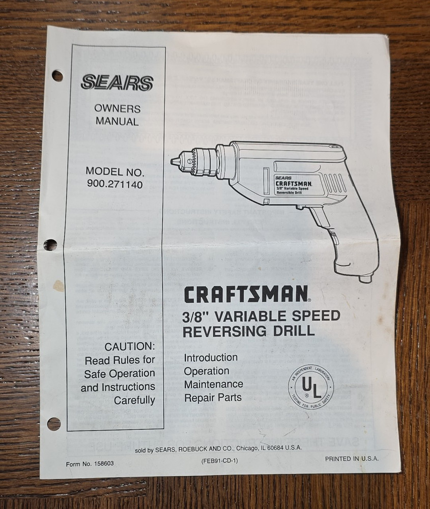 Sears Craftsman 3/8 Inch Drill Corded Variable Speed Reversible Tools WORKS
