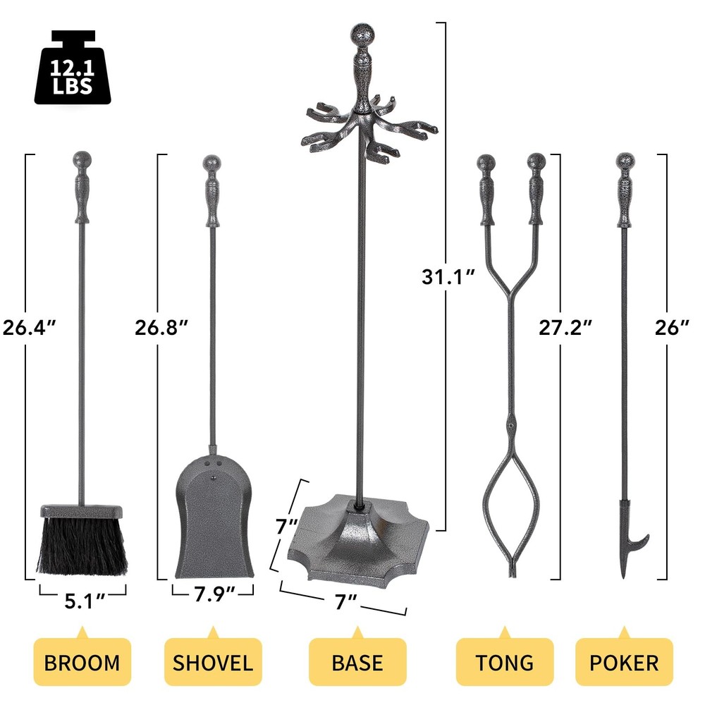 5 Pieces Fireplace Tools Set Wrought Iron with Silver Pattern Accessories Poker