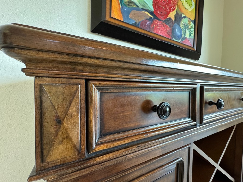 Antique Solid Wood Sideboard Buffet with Wine Rack & Granite Top