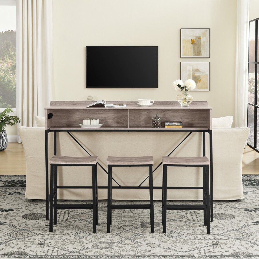 4 Piece Bar Table Set Bar Table with 3 Bar Stool & LED light & USB Ports