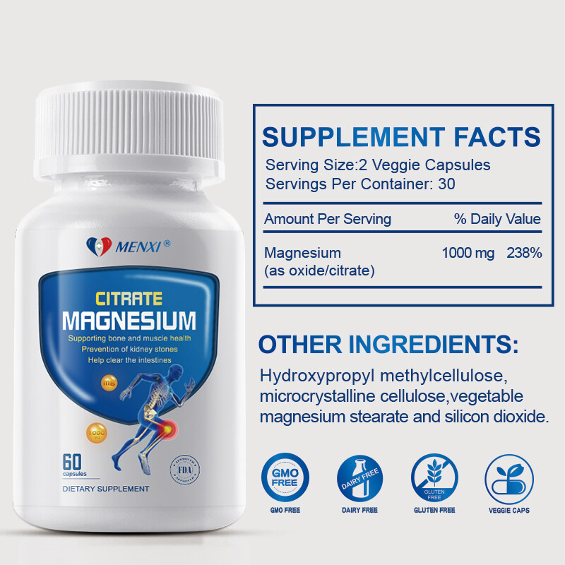 60 Magnesium Citrate Capsules 1000mg Per Serving - Extra Strength, Hight Potency