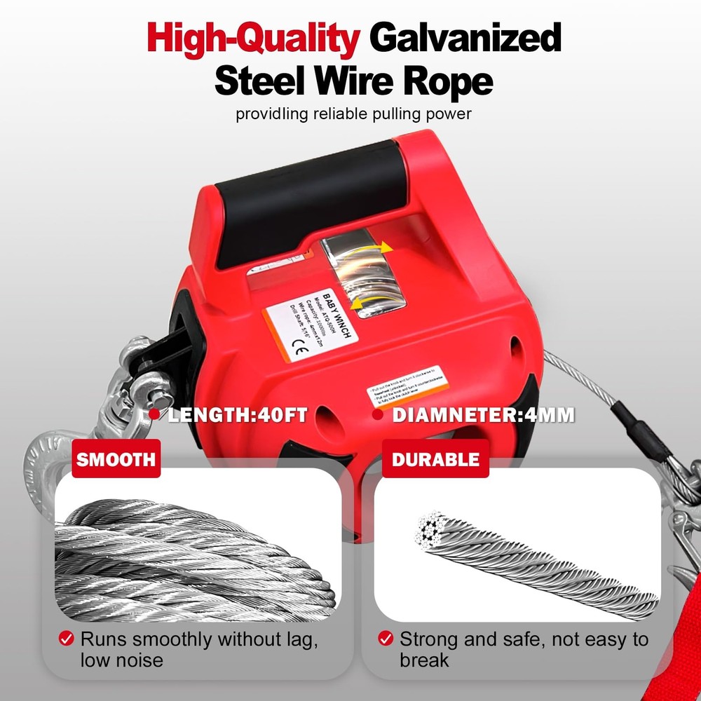 SENKEYFE Drill Powered Portable Winch 1000LBS, with 40FT Red