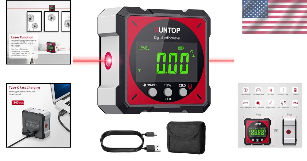 Compact USB Angle Gauge with Dual Laser & Automatic Inversion – Durable Design