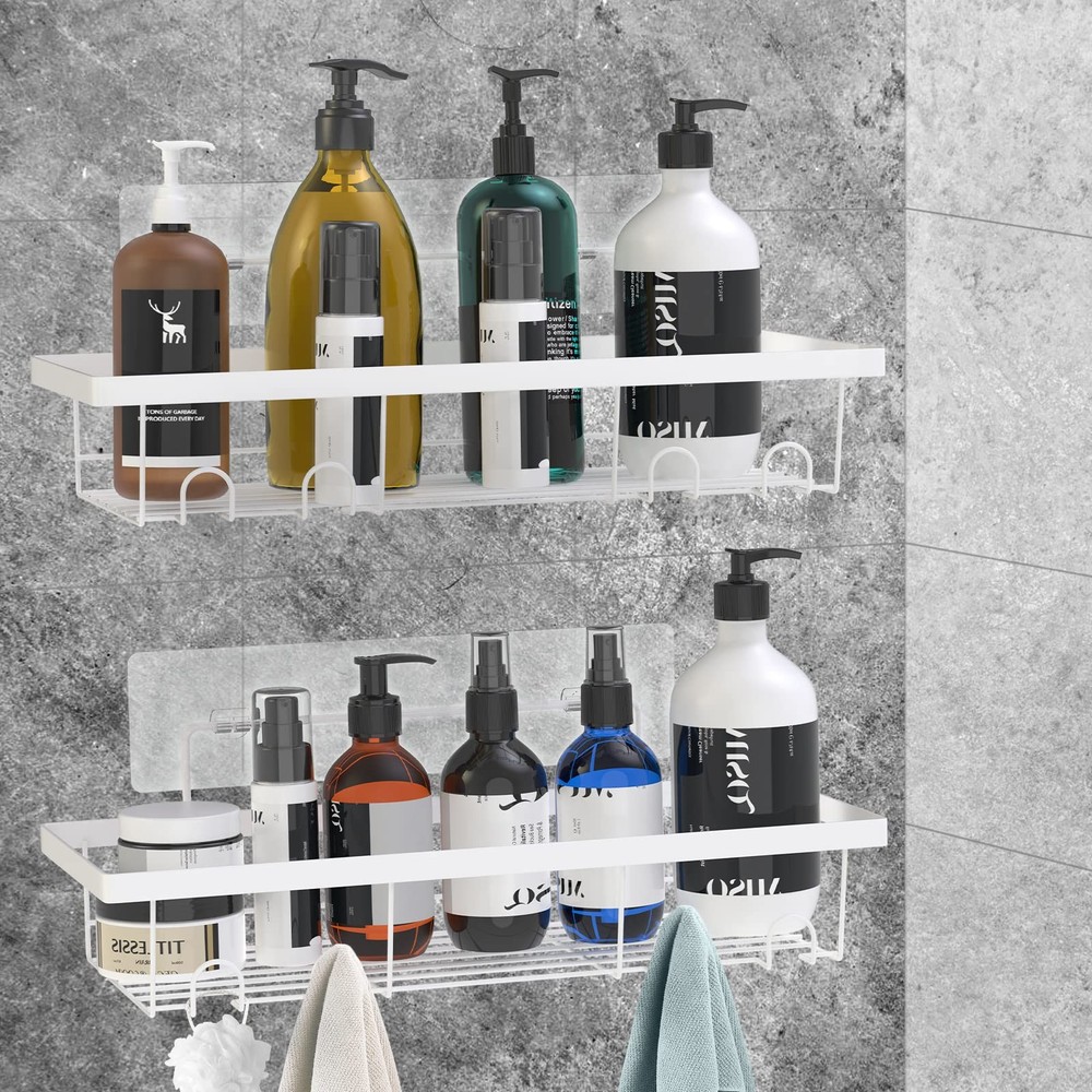 2 Pack Adhesive White Shower Caddy Organizer with Hooks, Rustproof No Drillin...