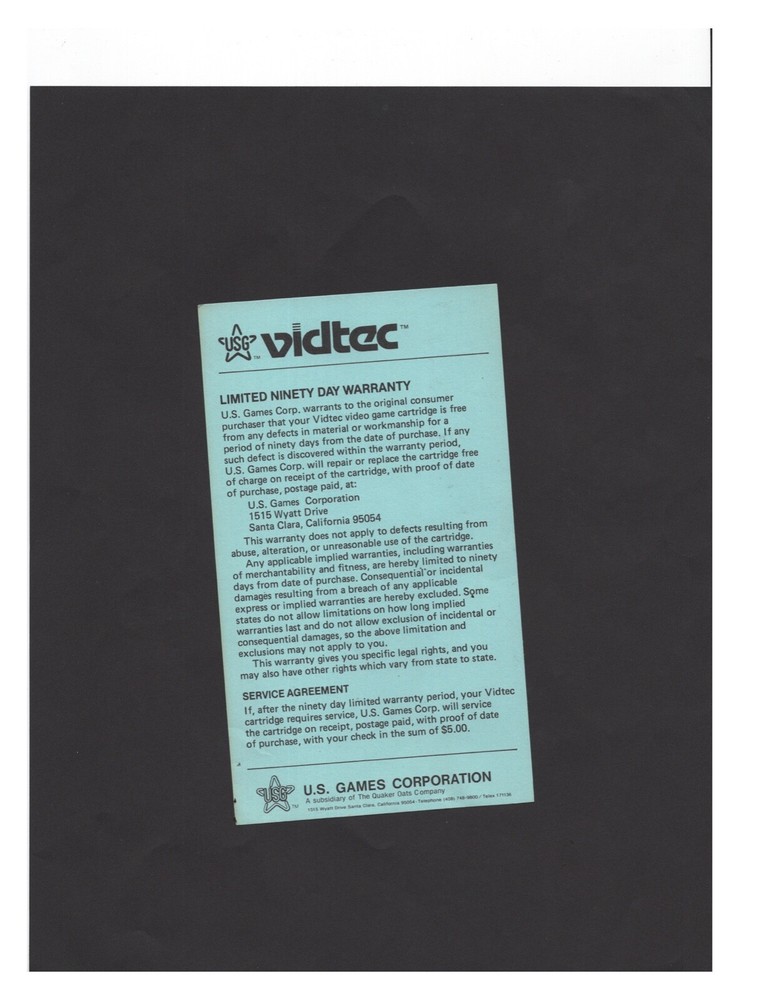 Vidtek US Games Atari Warranty INSERT ONLY Authentic