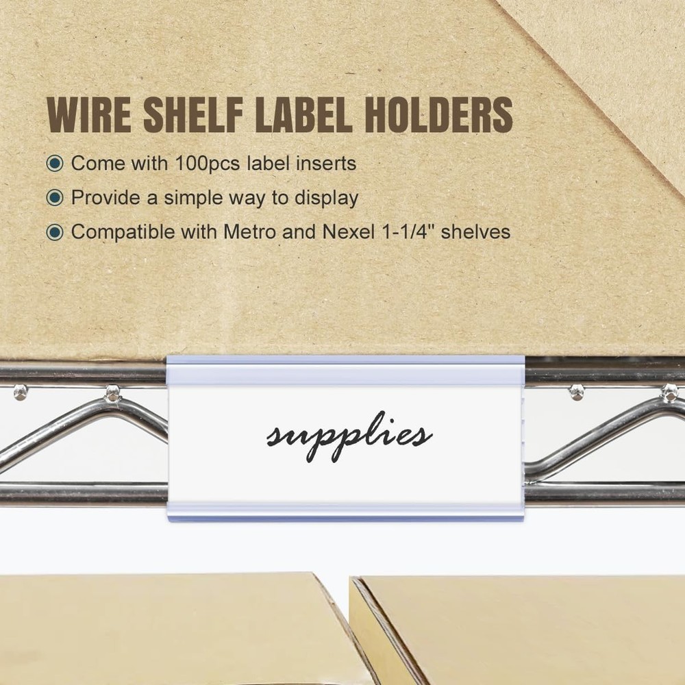 100Pcs Clear Wire Shelf Label Holders with Inserts for Effortless Organization