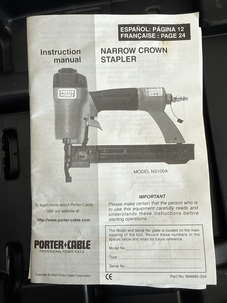 Porter-Cable NS100A Narrow Crown Stapler Kit W/Case & Staples