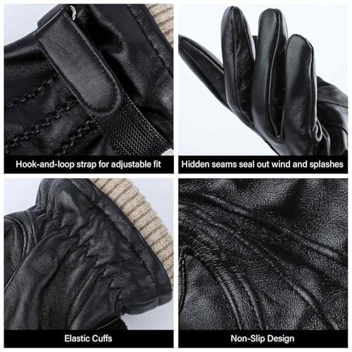 Mens Winter Gloves: Touchscreen Wool Lined Thermal Leather X-Large Black